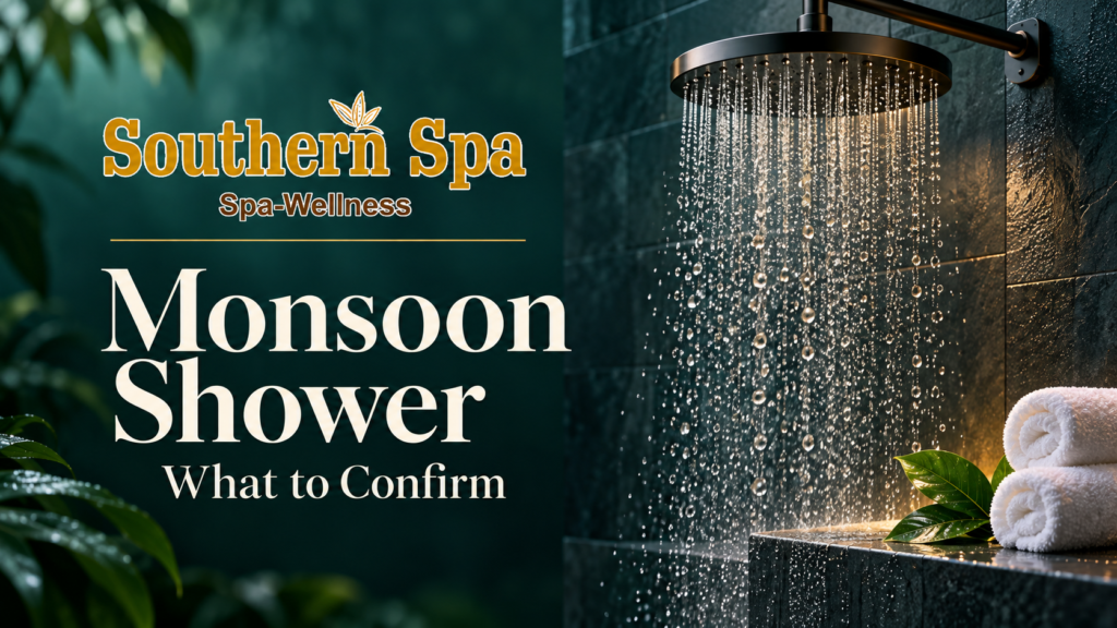 Southern Spa logo beside a rain shower and rolled towels, with the heading “Monsoon Shower — What to Confirm.”