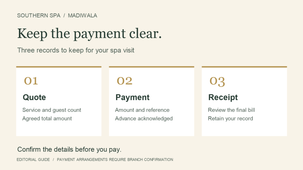 Spa payment planning checklist: confirm the total, record any advance and retain the receipt.