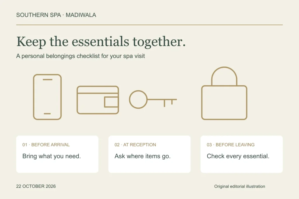 Phone, wallet, keys and bag above a spa belongings checklist: bring essentials, ask about storage and check before leaving