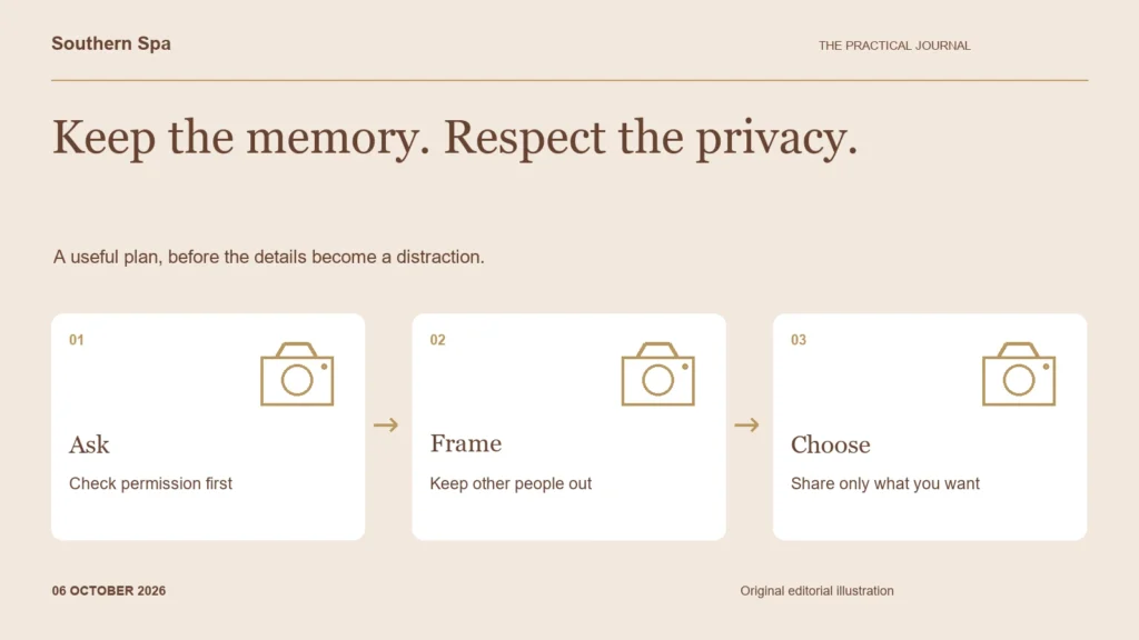 Three steps for considerate spa photography: ask permission, frame without other people, and choose what to share.