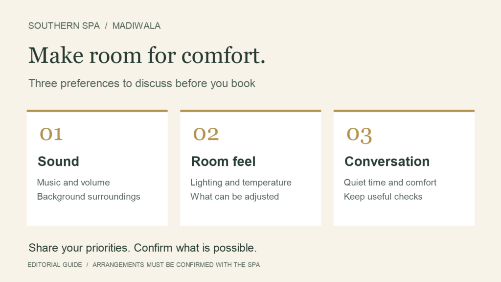 Editorial planning checklist: discuss sound, lighting and temperature, and communication preferences with the spa.