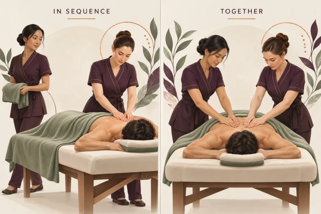 Conceptual illustration contrasting a sequential therapist handover with two therapists working together